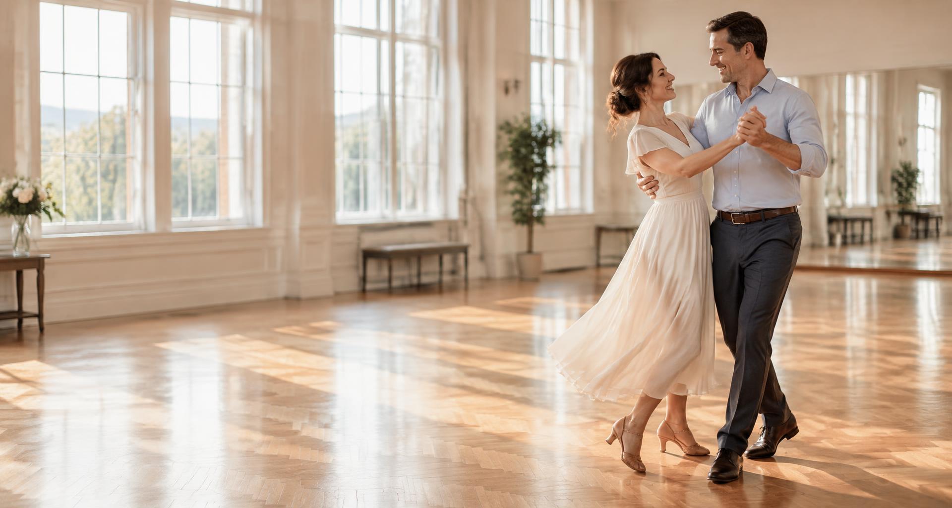 A couple practicing ballroom dance; illustrative photography, not a photo of the featured studio